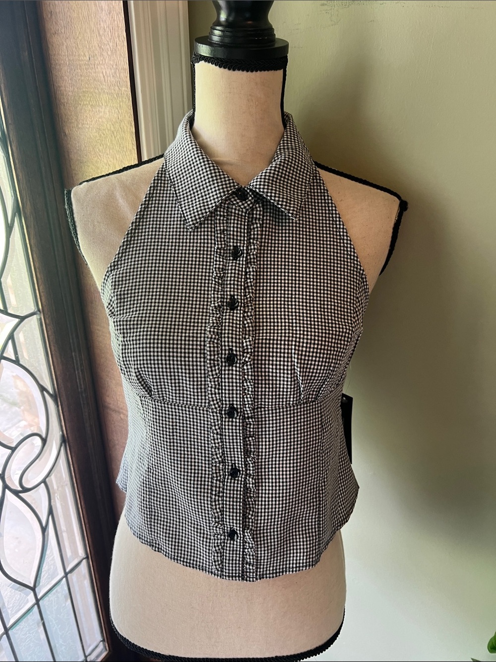 Black & White Gingham Halter Button-Up Top